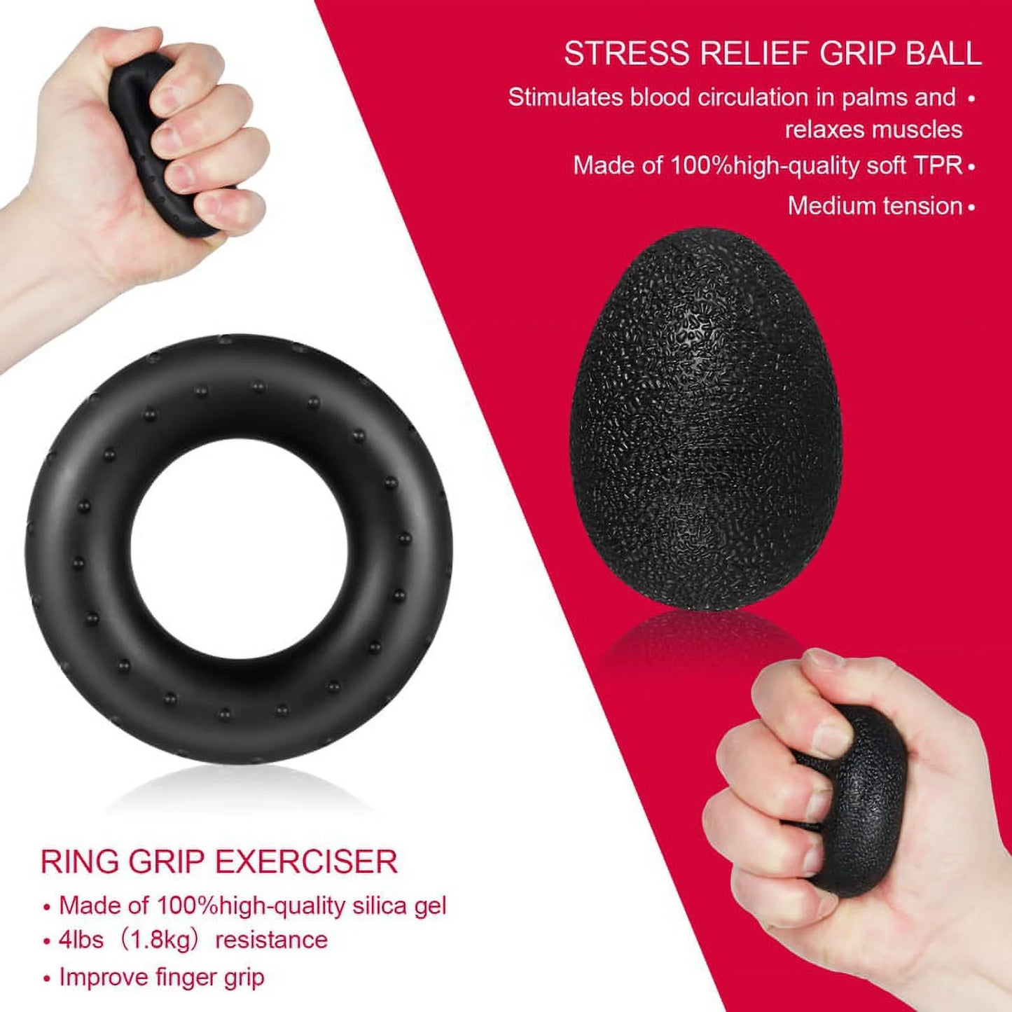 6-Piece Hand Grip Strengthening Kit with Adjustable Resistance (22 to 132 lbs) - Includes Hand Gripper, Finger Exerciser, Finger Stretcher, Grip Ring, and Stress Relief Grip Ball (Black)