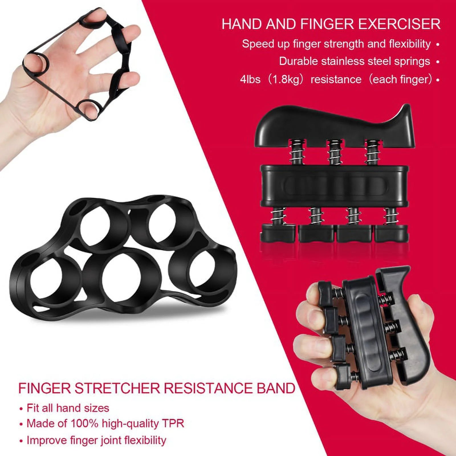 6-Piece Hand Grip Strengthening Kit with Adjustable Resistance (22 to 132 lbs) - Includes Hand Gripper, Finger Exerciser, Finger Stretcher, Grip Ring, and Stress Relief Grip Ball (Black)