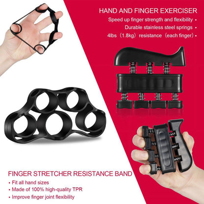 6-Piece Hand Grip Strengthening Kit with Adjustable Resistance (22 to 132 lbs) - Includes Hand Gripper, Finger Exerciser, Finger Stretcher, Grip Ring, and Stress Relief Grip Ball (Black)