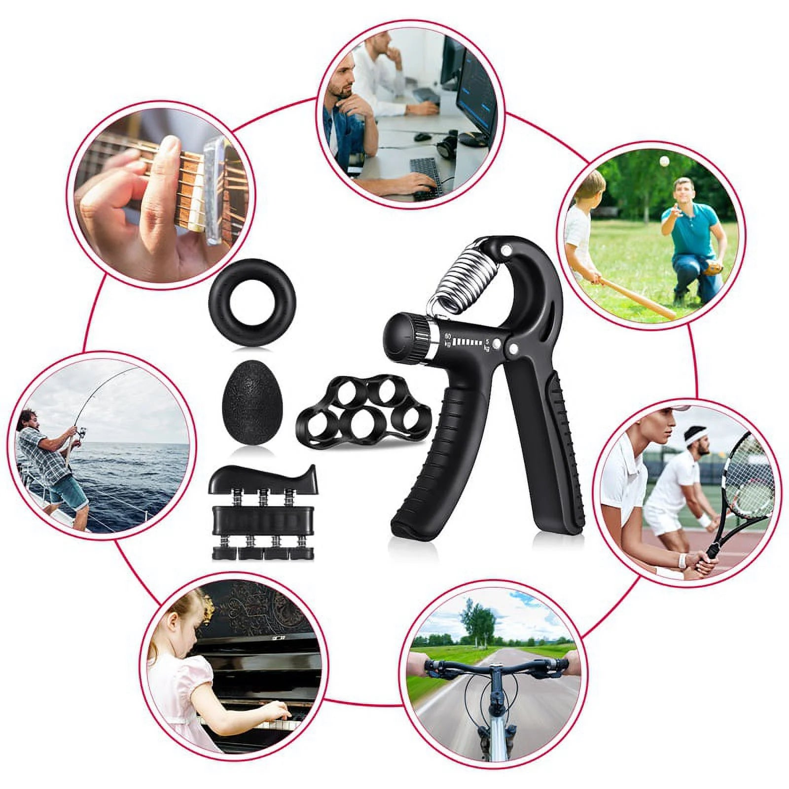 6-Piece Hand Grip Strengthening Kit with Adjustable Resistance (22 to 132 lbs) - Includes Hand Gripper, Finger Exerciser, Finger Stretcher, Grip Ring, and Stress Relief Grip Ball (Black)