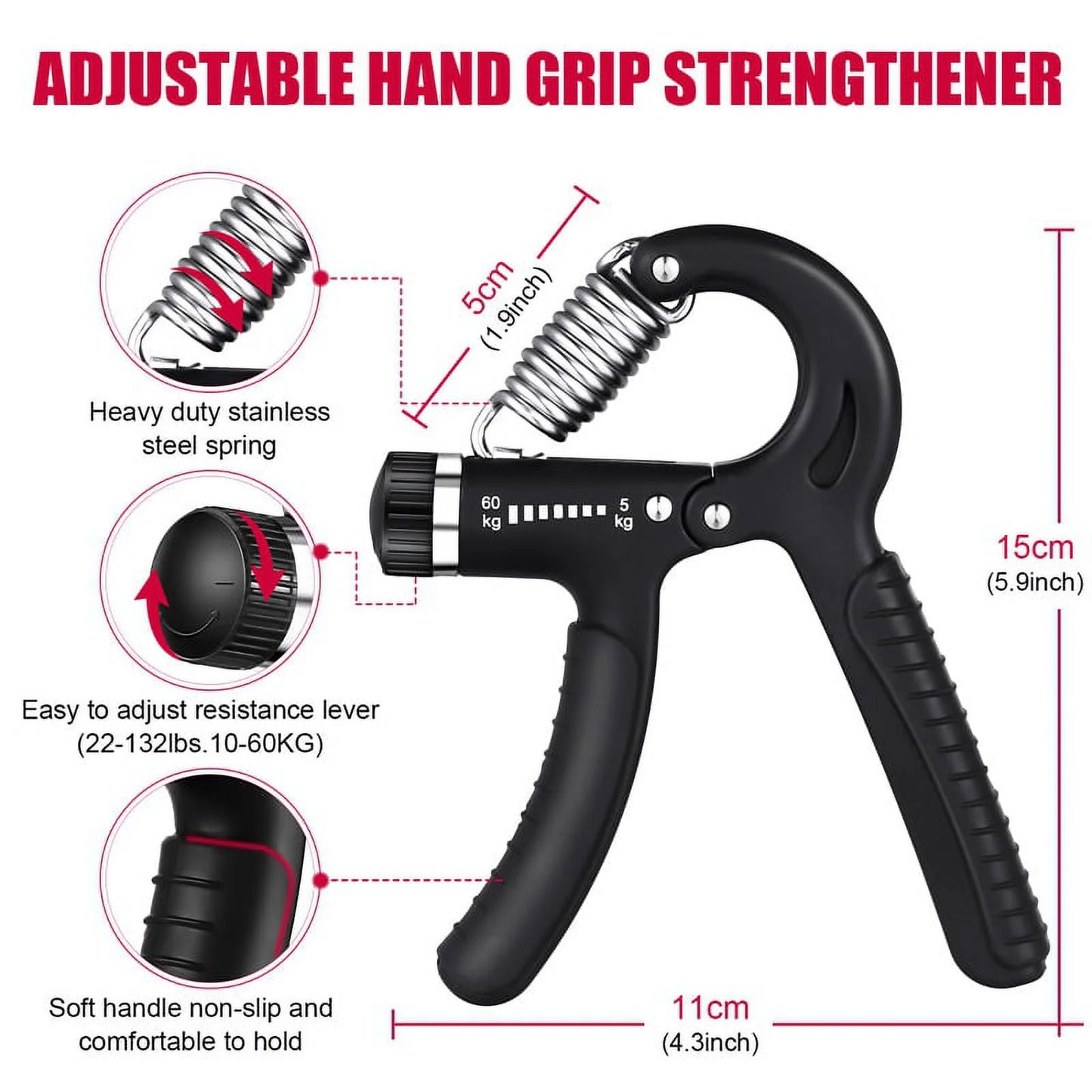 6-Piece Hand Grip Strengthening Kit with Adjustable Resistance (22 to 132 lbs) - Includes Hand Gripper, Finger Exerciser, Finger Stretcher, Grip Ring, and Stress Relief Grip Ball (Black)