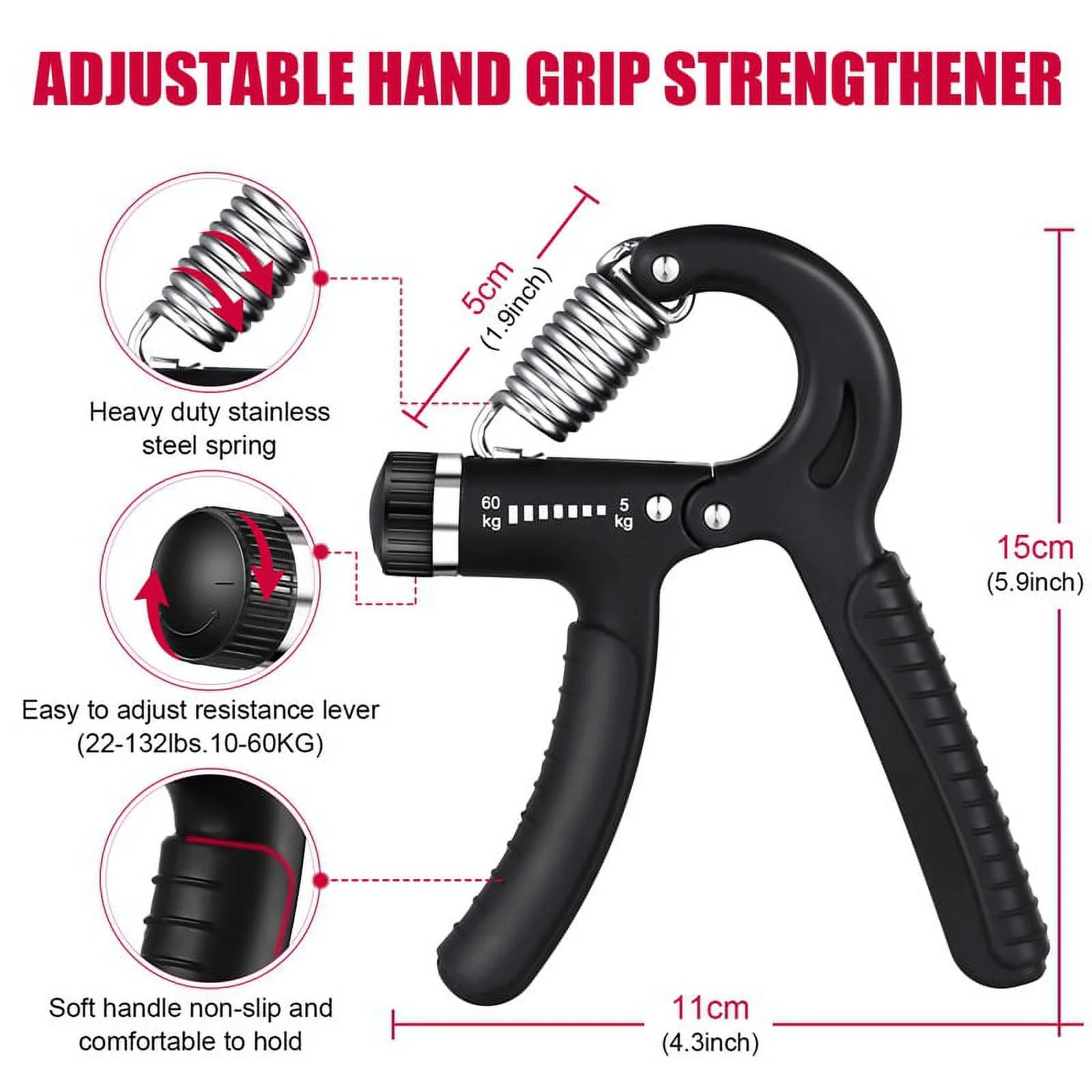 6-Piece Hand Grip Strengthening Kit with Adjustable Resistance (22 to 132 lbs) - Includes Hand Gripper, Finger Exerciser, Finger Stretcher, Grip Ring, and Stress Relief Grip Ball (Black)