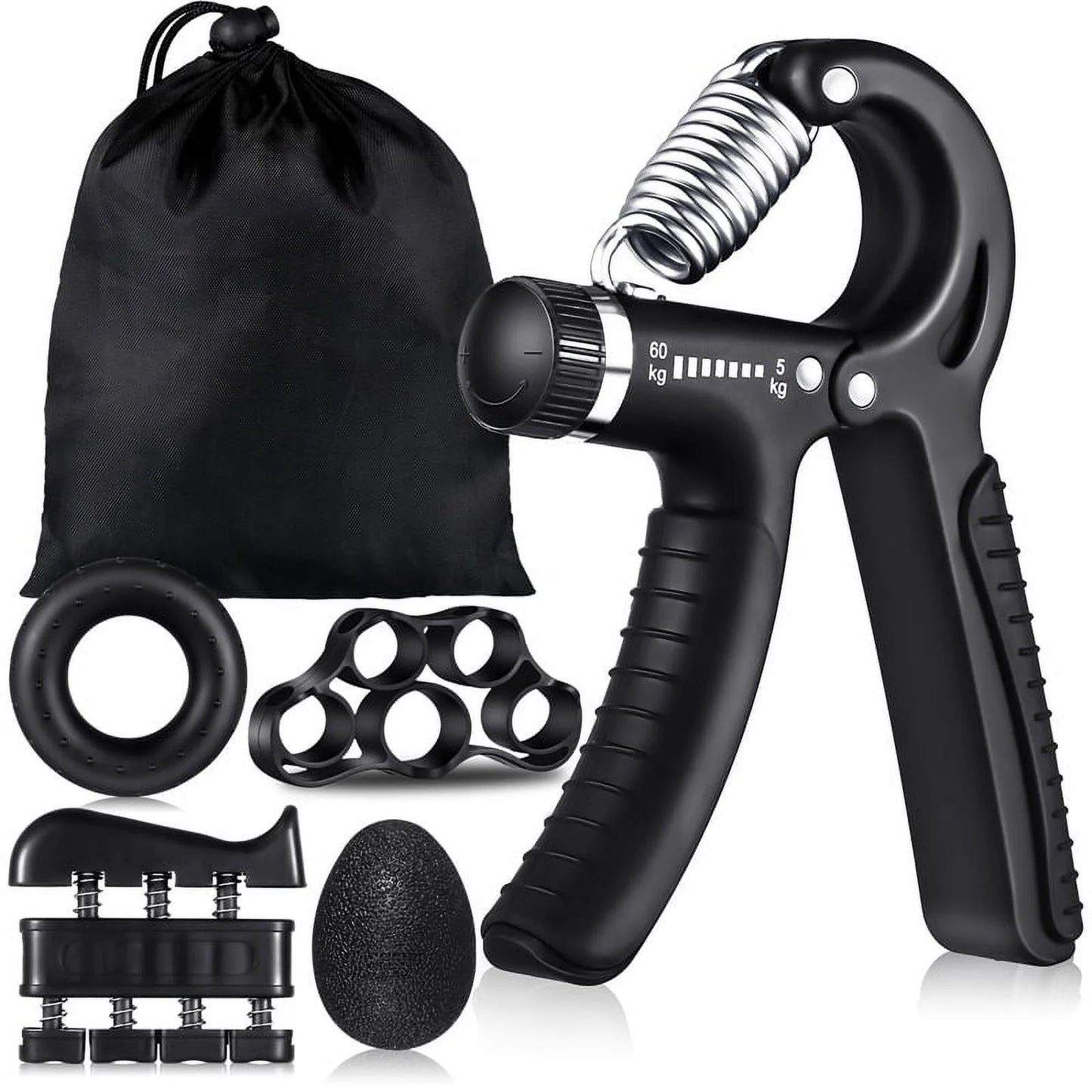 6-Piece Hand Grip Strengthening Kit with Adjustable Resistance (22 to 132 lbs) - Includes Hand Gripper, Finger Exerciser, Finger Stretcher, Grip Ring, and Stress Relief Grip Ball (Black)