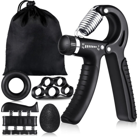 6-Piece Hand Grip Strengthening Kit with Adjustable Resistance (22 to 132 lbs) - Includes Hand Gripper, Finger Exerciser, Finger Stretcher, Grip Ring, and Stress Relief Grip Ball (Black)